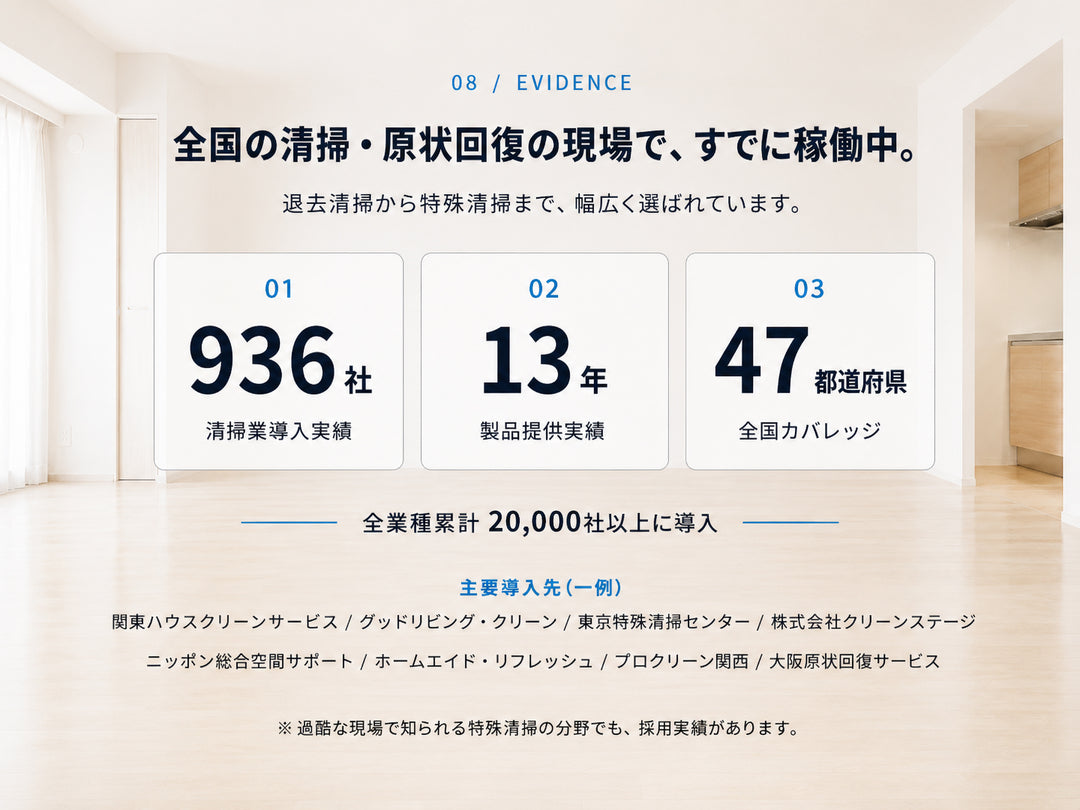 全国の清掃・現状回復の現場で、既に稼働中。