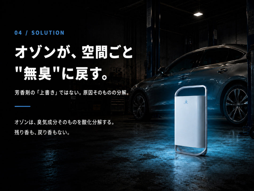 オゾンが車内空間ごと無臭に戻す仕組み。芳香剤の上書きではなく臭気成分そのものを酸化分解