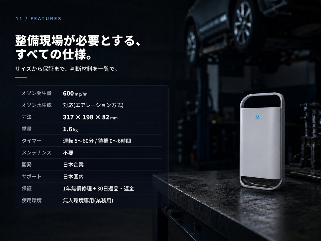 オースリークリア3の仕様一覧。オゾン発生量600mg/hr・寸法317×198×82mm・重量1.6kg・1年無償修理保証