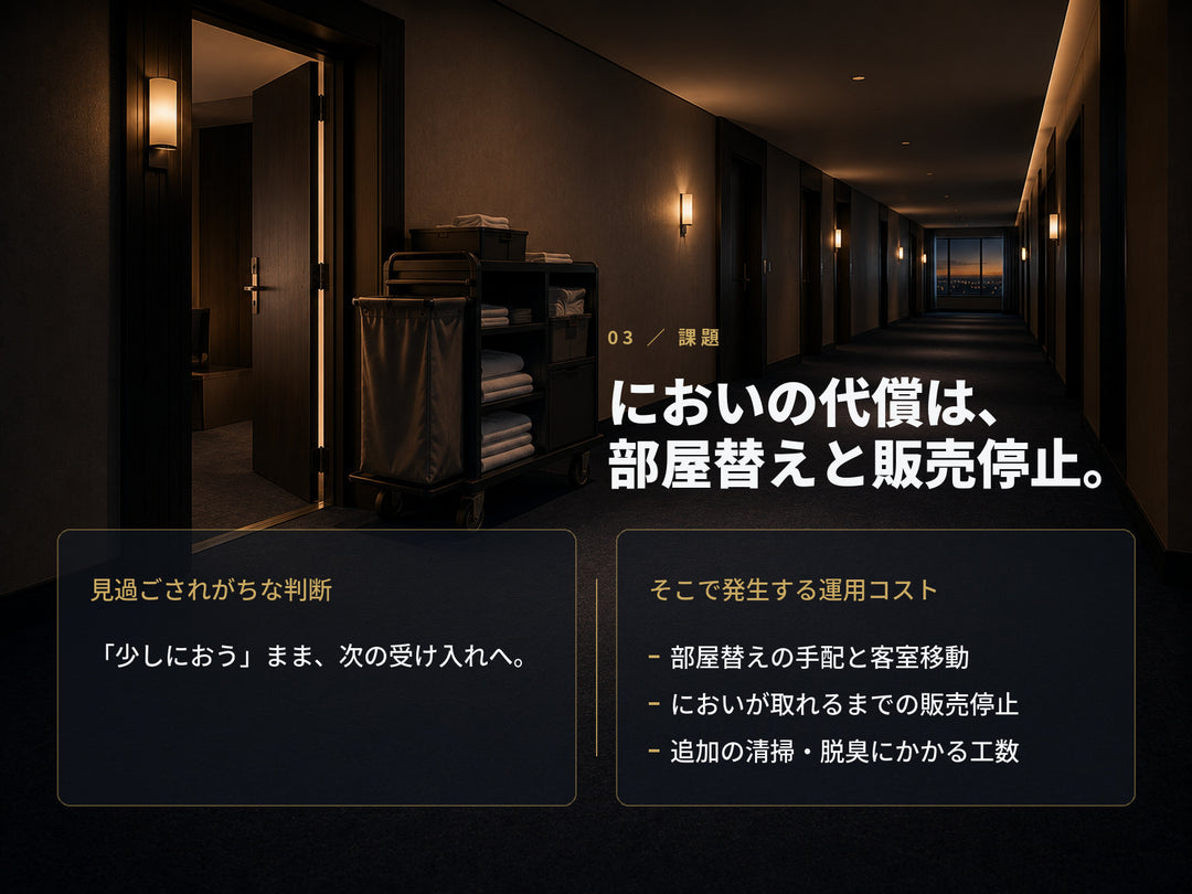 客室のにおいが招く運用コスト。部屋替えの手配、においが取れるまでの販売停止、追加の清掃・脱臭工数