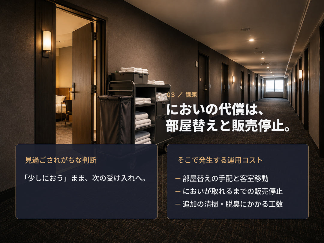 客室のにおいが招く運用コスト。部屋替えの手配、においが取れるまでの販売停止、追加の清掃・脱臭工数