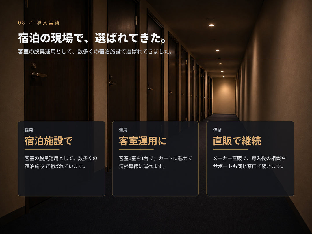 宿泊施設での導入実績。客室の脱臭運用として多数のホテル・宿泊施設で採用、メーカー直販でサポート継続