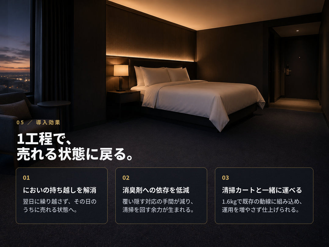オースリークリア3の導入効果。においの持ち越し解消・消臭剤への依存低減・1.6kgで清掃カートと一緒に運べる