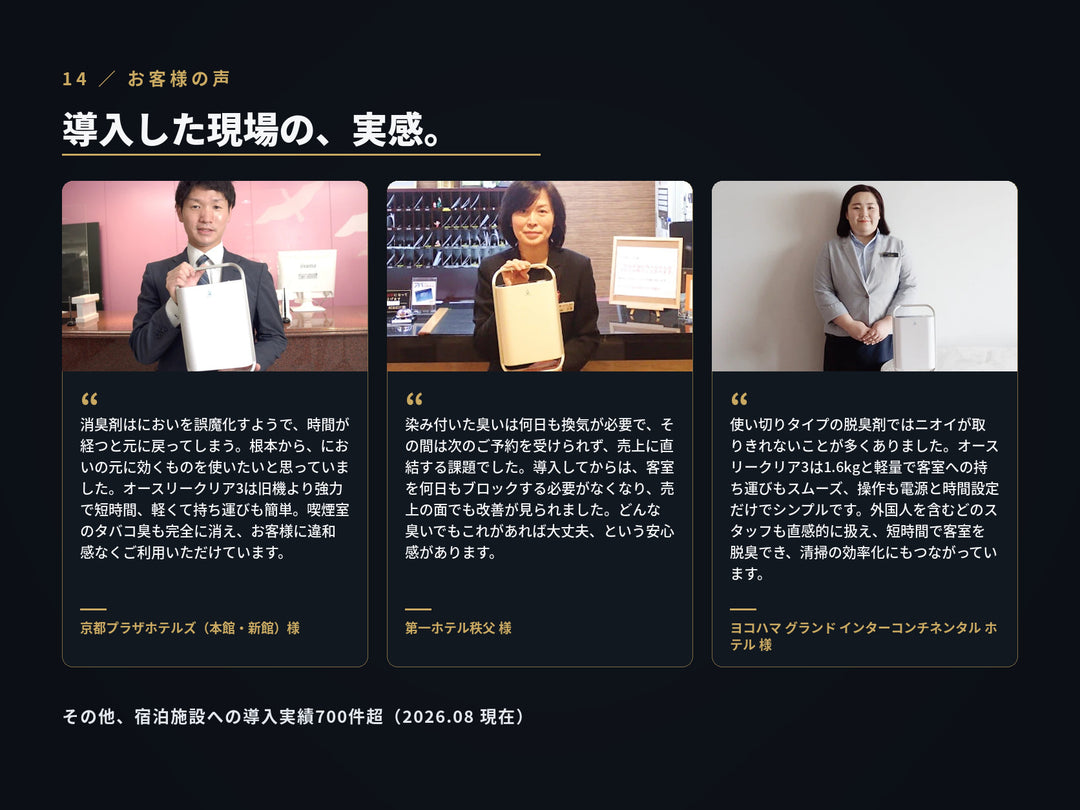 導入ホテルの声。京都プラザホテルズ様・第一ホテル秩父様・ヨコハマ グランド インターコンチネンタル ホテル様の使用実感