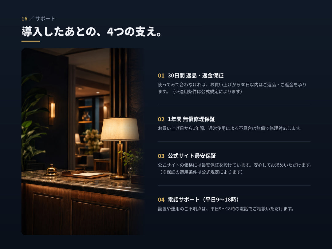 導入後の4つのサポート。30日間返品・返金保証、1年間無償修理保証、公式サイト最安保証、平日9〜18時の電話サポート